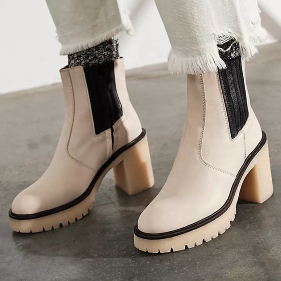 White Leather Free People James Chelsea Heeled Boots in Bone - Picture 1 of 17
